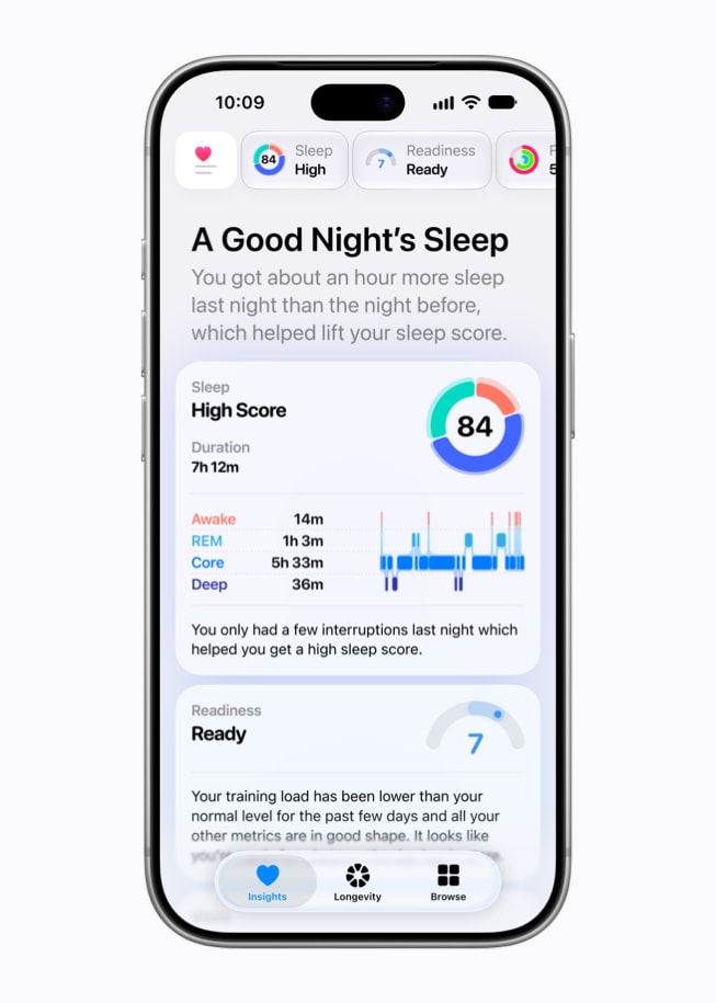 El iPhone 18 Pro de un usuario muestra datos de sueño de la pestaña Información en la aplicación Salud. En la parte superior de la pantalla, un resumen dice: "Una buena noche de sueño".