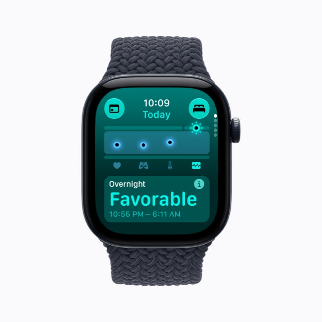 El Apple Watch Series 12 de un usuario muestra sus constantes vitales nocturnas en la aplicación Vitals, con una lectura que indica "Favorable".