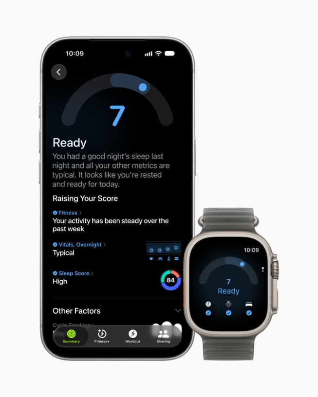 A user's iPhone 18 Pro and Apple Watch Series 12 show the Readiness app, with a score of 7 and 