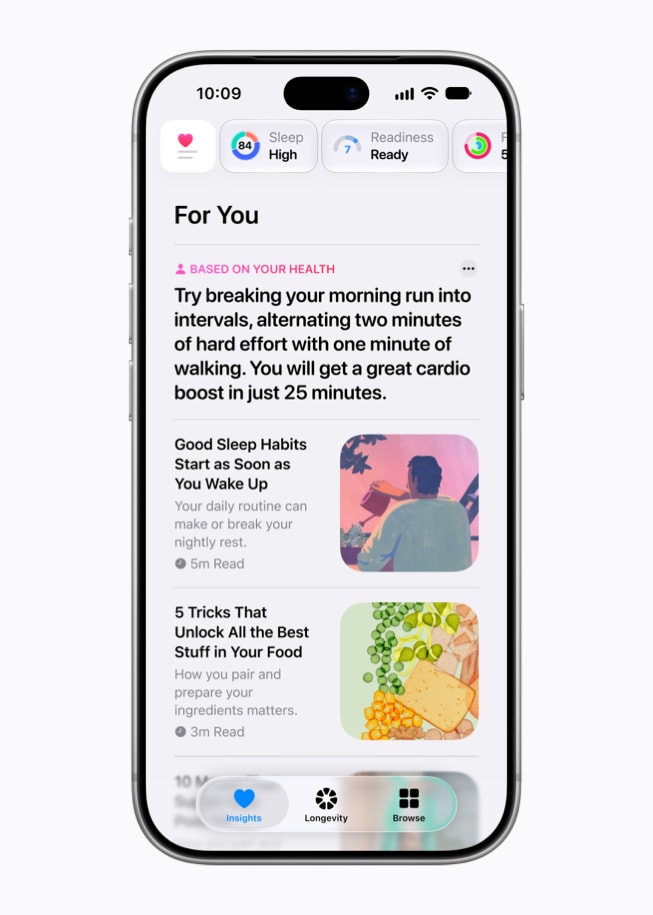 El iPhone 18 Pro de un usuario muestra recomendaciones "Para ti" desde la pestaña "Información" en la aplicación Salud.