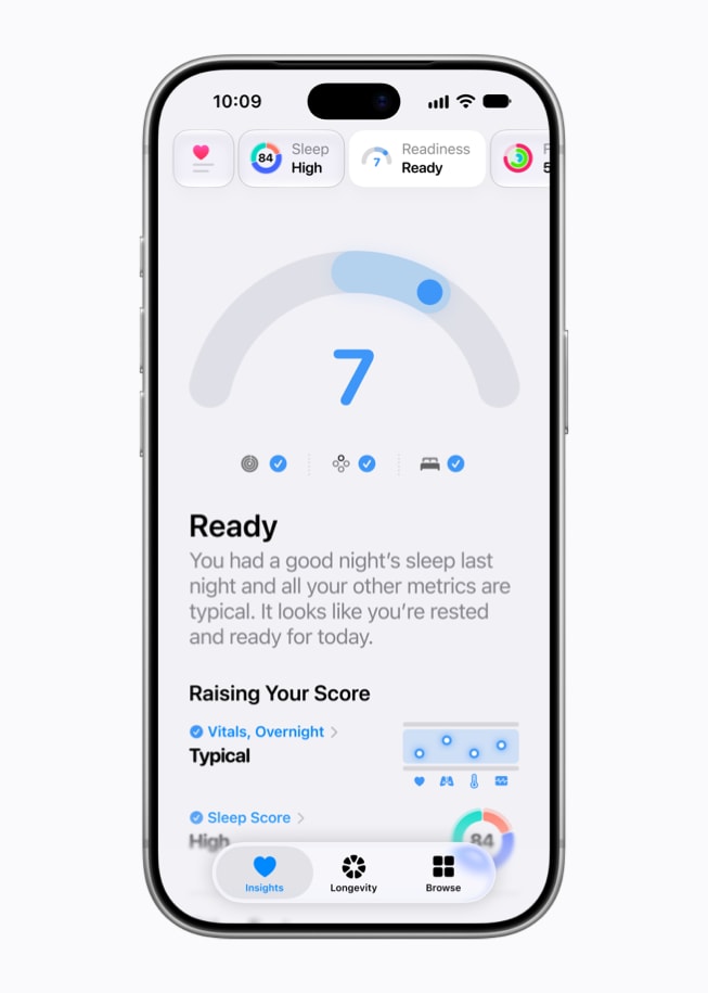El iPhone 18 Pro de un usuario muestra datos de preparación en la pestaña Información de la aplicación Salud. El usuario tiene una puntuación de 7, lo que significa "Preparado".