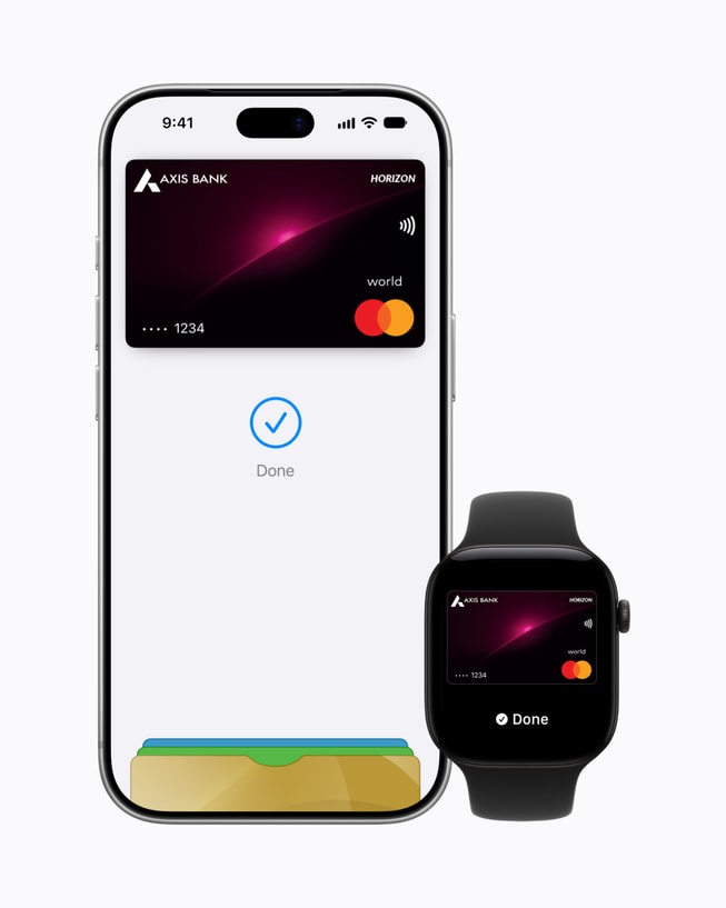 iPhone 18 Pro and Apple Watch Series 12 displaying an Axis Bank credit card.