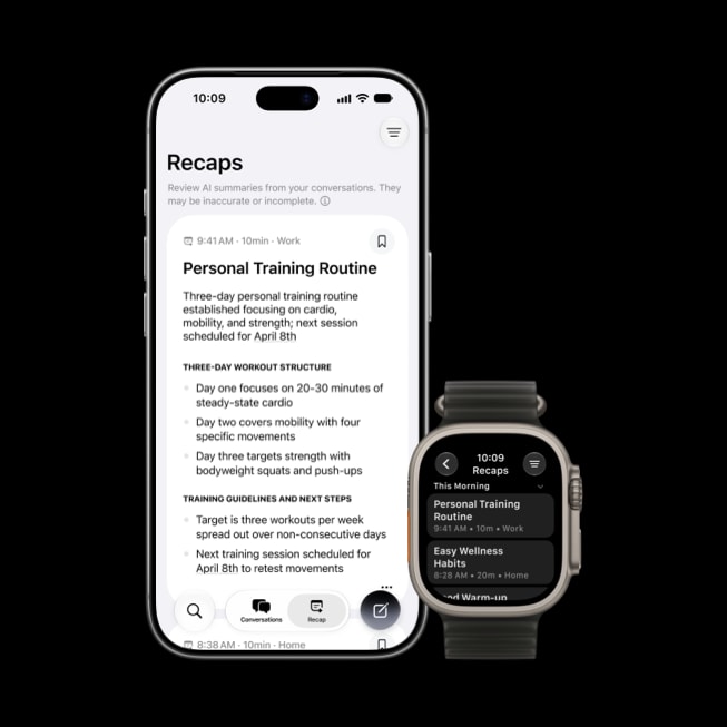 iPhone 18 Pro et Apple Watch Ultra 4 affichant la fonctionnalité Résumé Siri qui résume un programme d’entraînement personnel.
