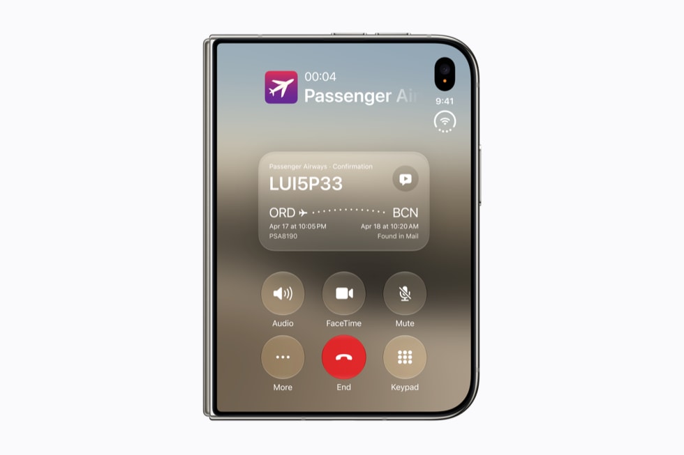 On iPhone Duo, a widget shows call context regarding a phone call connected to a person’s air travel.