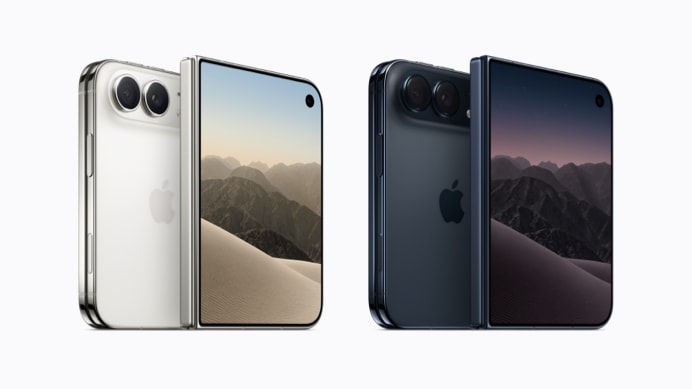 iPhone Duo ouvert et fermé, présenté en deux coloris par Apple