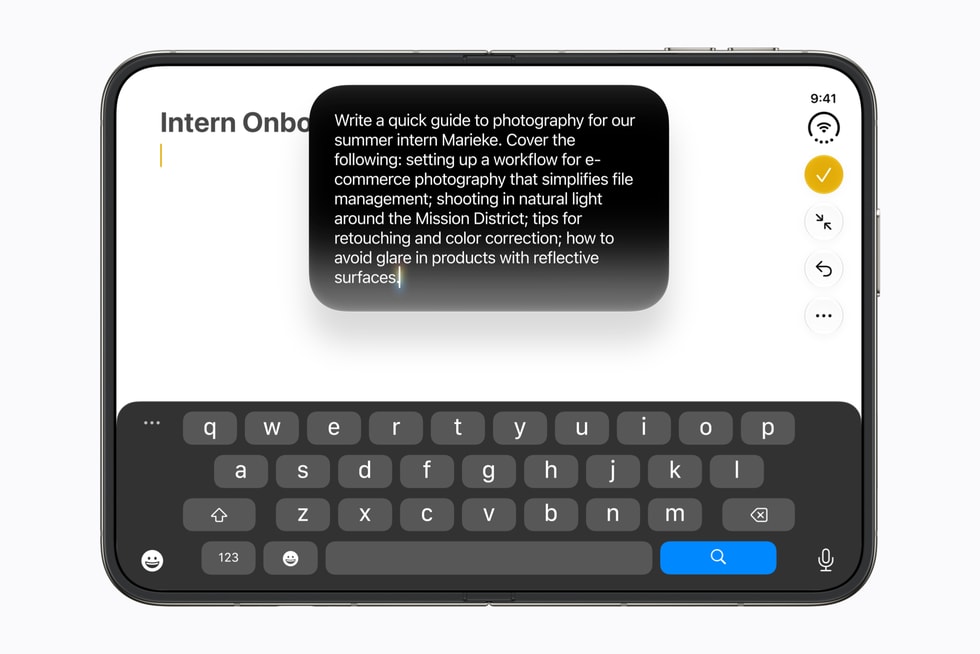 On iPhone Duo, a user employs Writing Tools to adjust some copy they’re working on.
