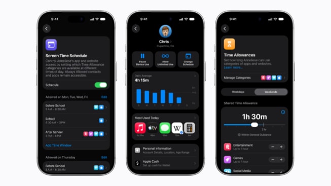 Drei iPhone 18 Pro zeigen jeweils Bildschirmzeit, Familienfreigabe und Nutzungszeiten auf dem Display.
