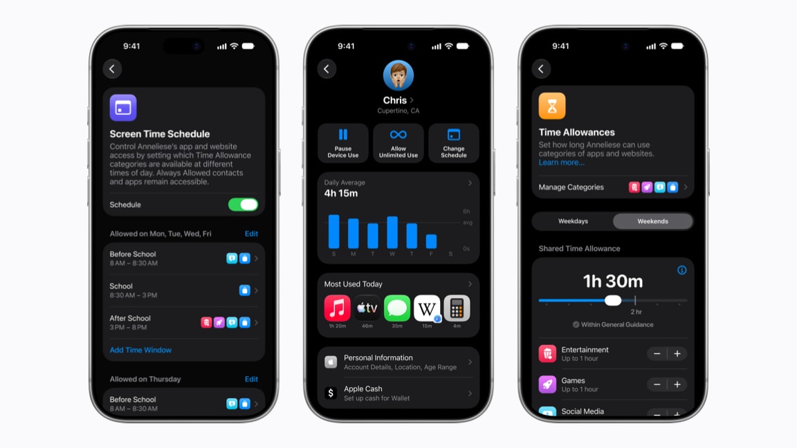 Three iPhone 18 Pro screens showing Screen Time, Family Sharing and Time Allowances