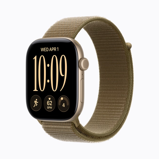Apple Watch Series 12 ze světle zlatého hliníku s olivovým provlékacím sportovním řemínkem.