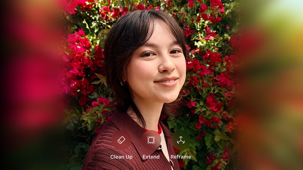 Trong ứng dụng Ảnh, một menu hiển thị các công cụ Dọn Dẹp, Mở Rộng và Định Lại Khung Không Gian.