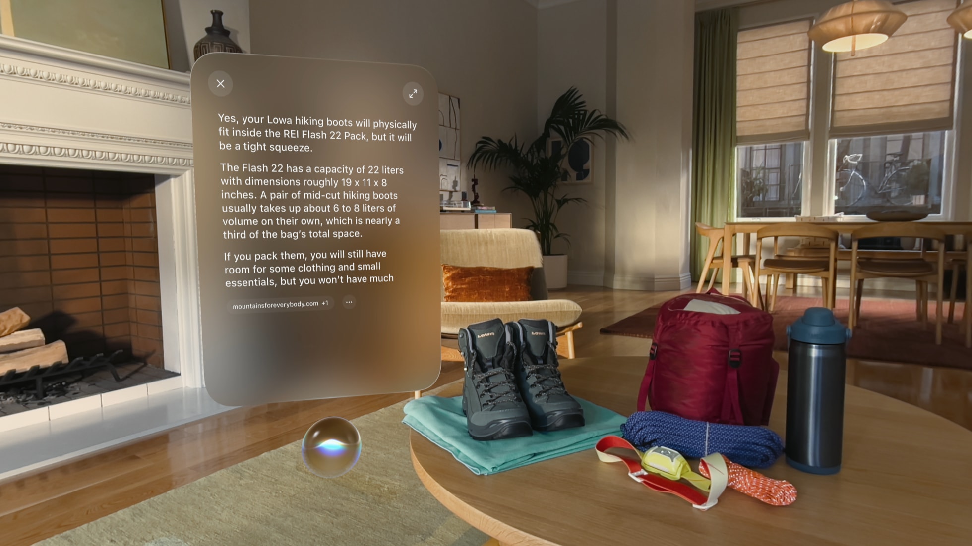 Apple Vision Pro's Visual Intelligence feature in visionOS 27, showing a Siri response overlaid on a passthrough view of hiking gear on a living room table