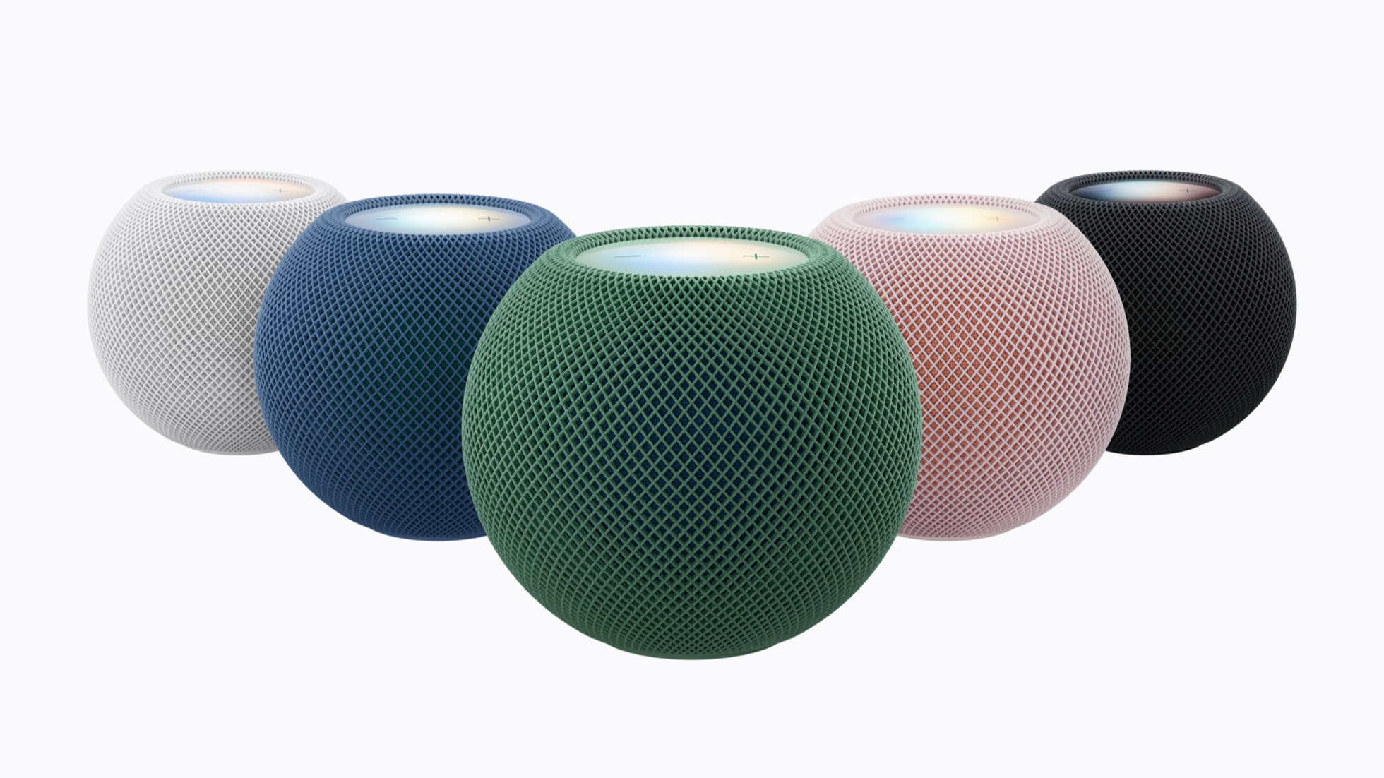 The new HomePod mini 2 lineup shown in pink, green, blue, white, and midnight colors.