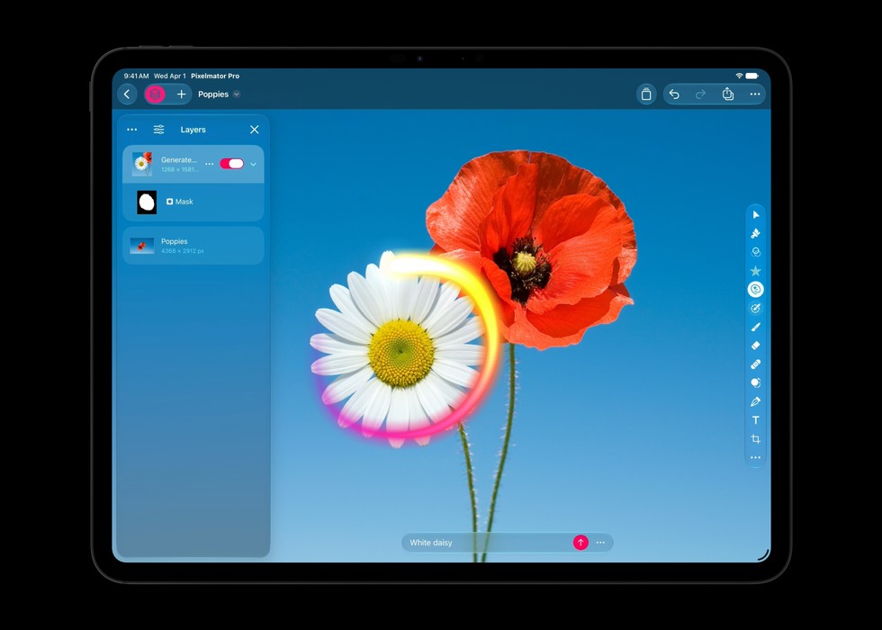 iPad hiển thị màn hình Generate Fill trong Pixelmator Pro.