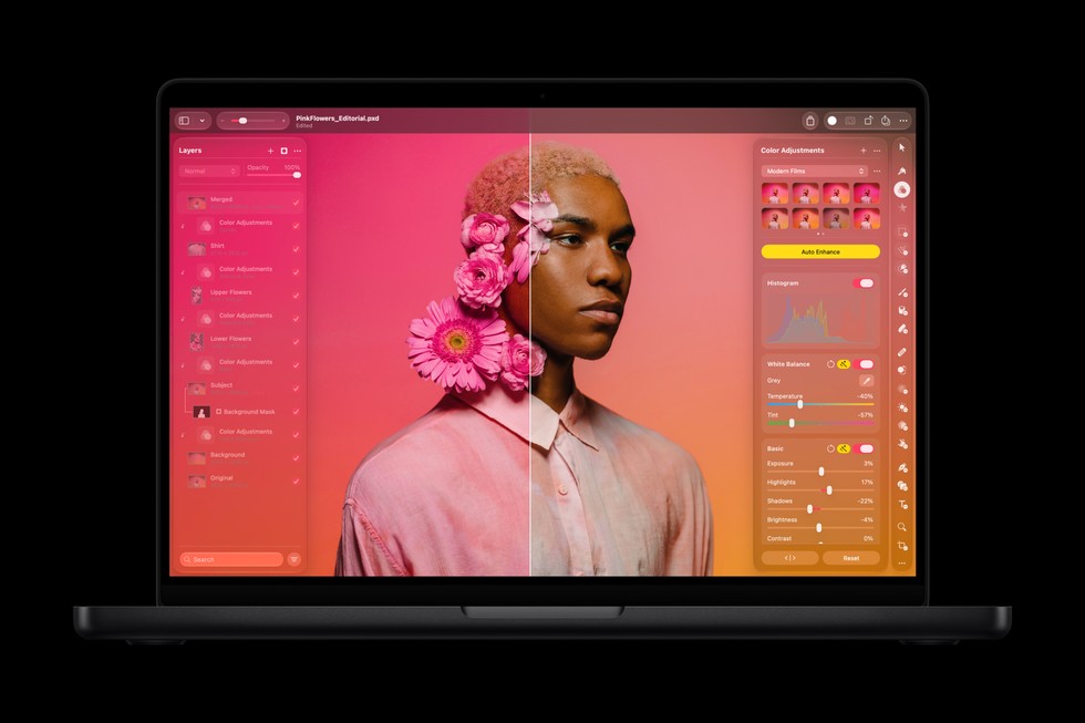 Edición de una imagen en la app Pixelmator Pro en un MacBook Pro de 14 pulgadas con M6.