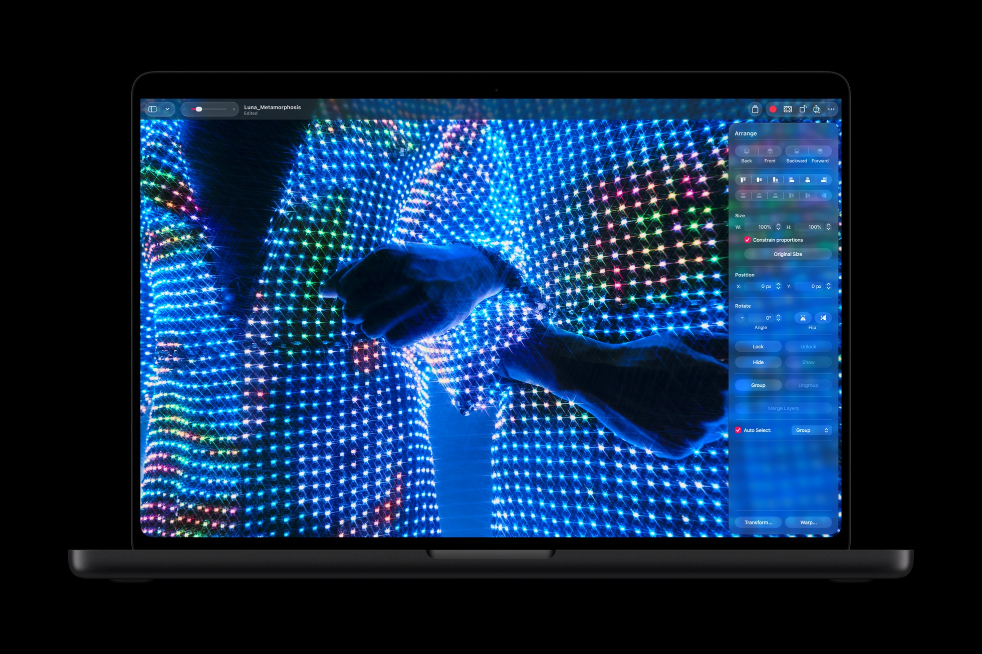 MacBook Pro displaying an image-editing workspace in Pixelmator Pro