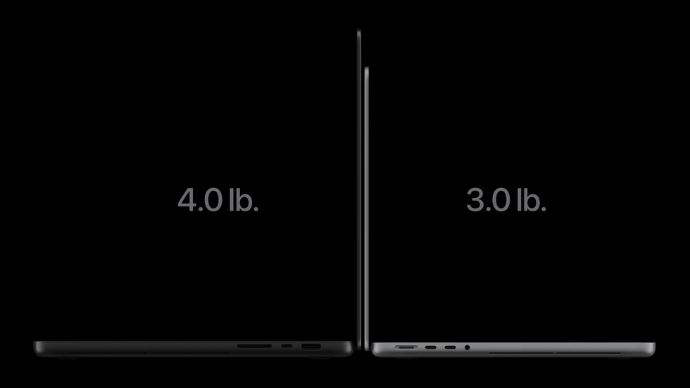 Two MacBook Pro with PROLED XDR Display devices are shown back to back from the side with the screen open. The model on the left has copy that reads 