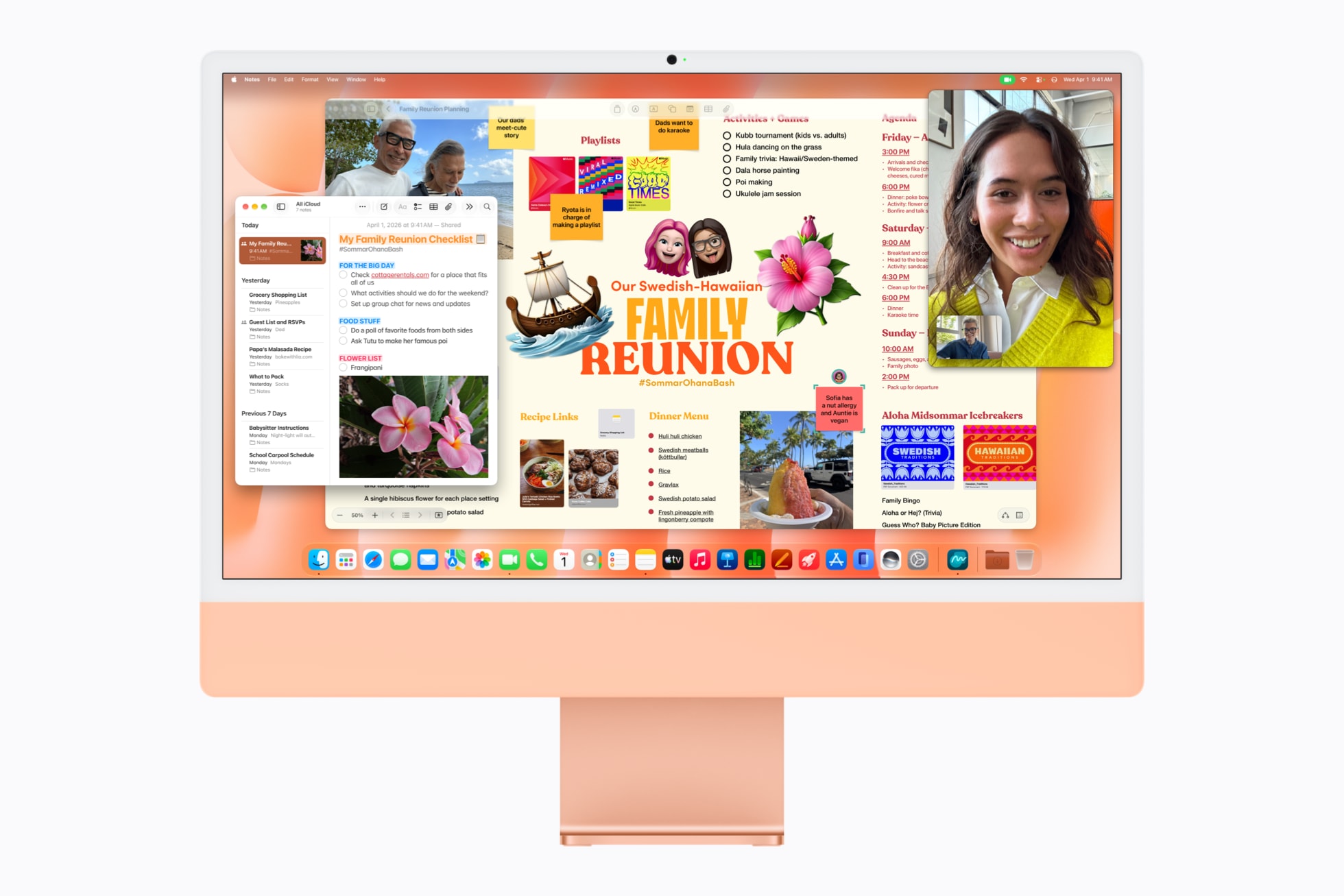 Plans for a family reunion are displayed in Freeform alongside the Notes and FaceTime apps on iMac with M6 in orange.