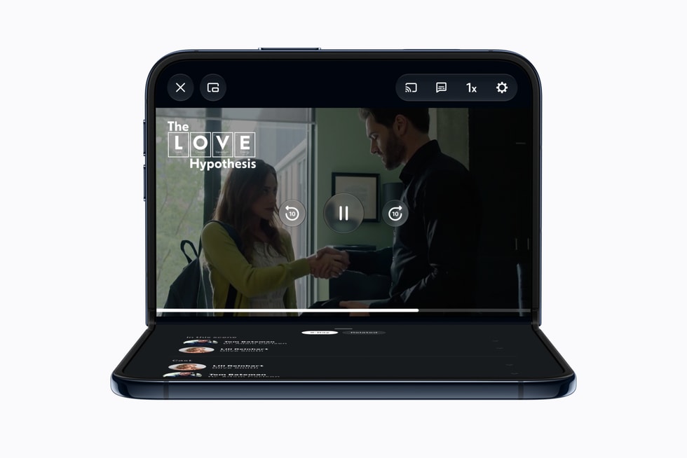 A fully flat open iPhone Duo shows the Prime Video app, where a user is watching “The Love Hypothesis.”
