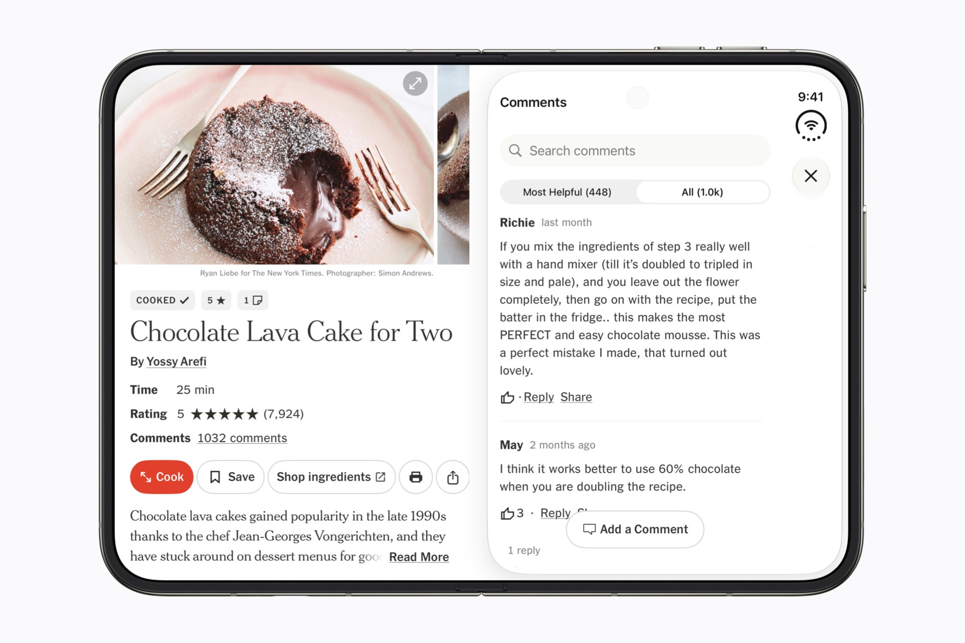 iPhone Duo half folded on a kitchen counter showing a recipe in the NYT Cooking app