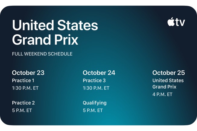 A graphic shows the following dates and times for the United States Grand Prix full weekend schedule, including Practice 1 at 1:30 p.m. ET and Practice 2 at 5 p.m. ET on October 23; Practice 3 at 1:30 p.m. ET and Qualifying at 5 p.m. ET on October 24; and United States Grand Prix at 4 p.m. ET on October 25. 