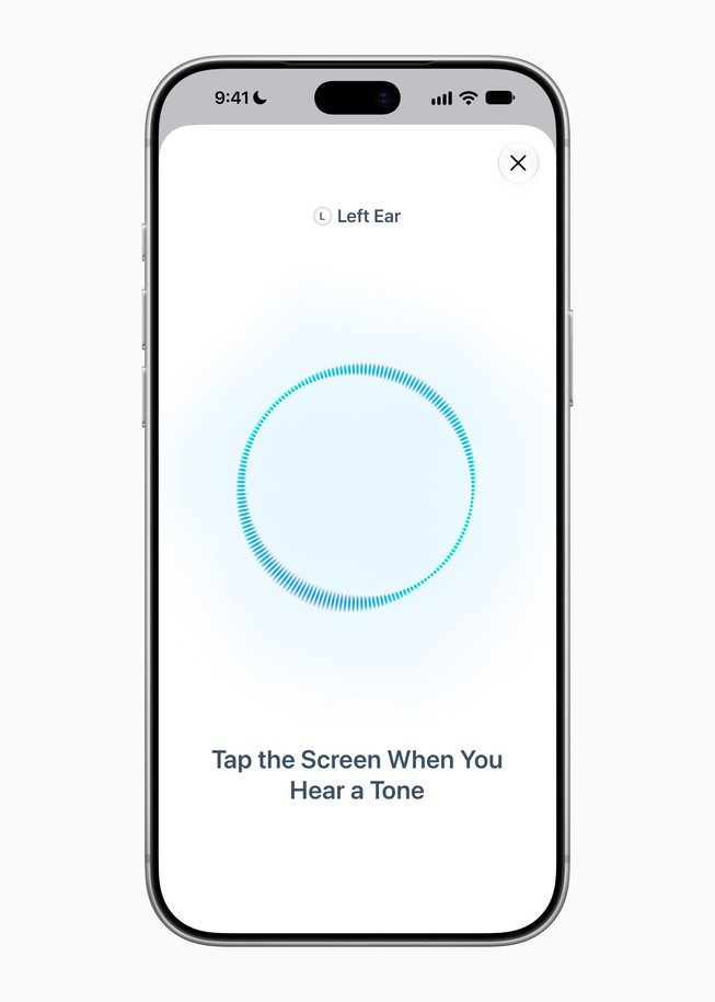 iPhone 18 Pro shows an Apple Hearing Test screen with instructions to “Tap the screen when you hear a tone.”