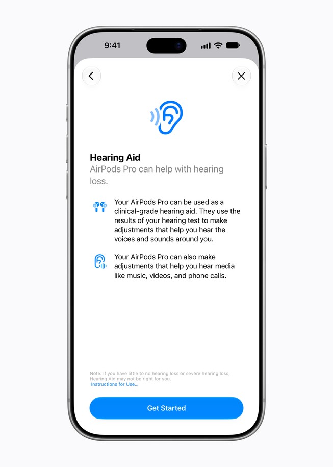 iPhone 18 Pro shows a Hearing Aid screen with a prompt to get started.