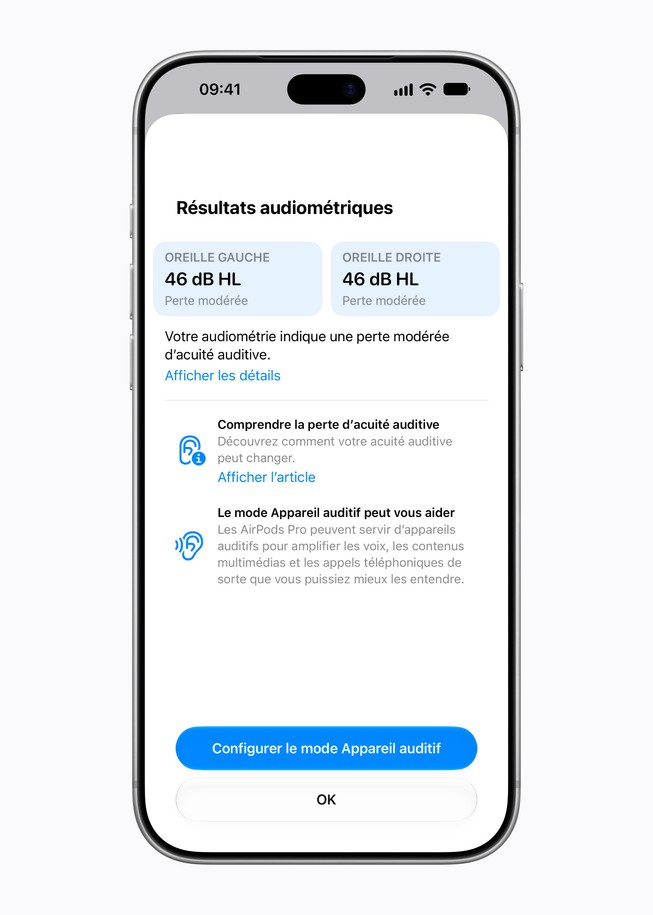 iPhone 18 Pro montrant les résultats d’un test d’audition d’Apple.