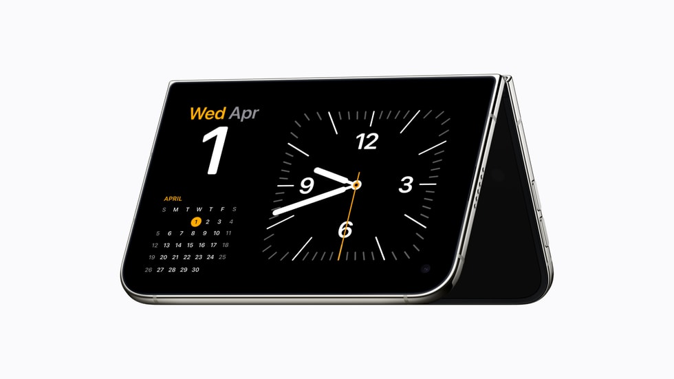 iPhone Duo is folded and propped up horizontally, with a clock and calendar displayed on the screen.