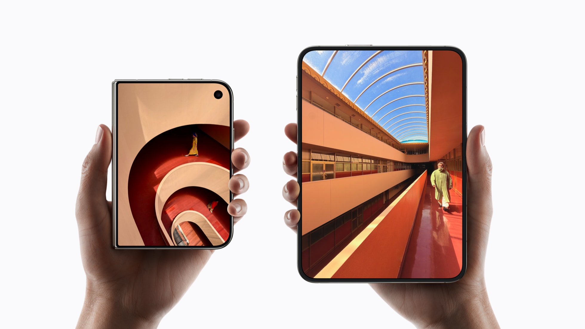 Apple iPhone Duo shown closed and open, folding titanium hinge