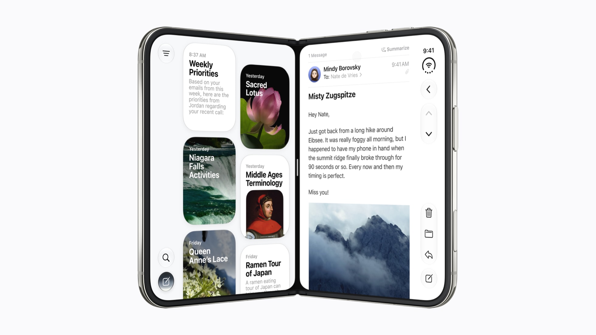 iPhone Duo unfolded running side-by-side multitasking apps with Siri