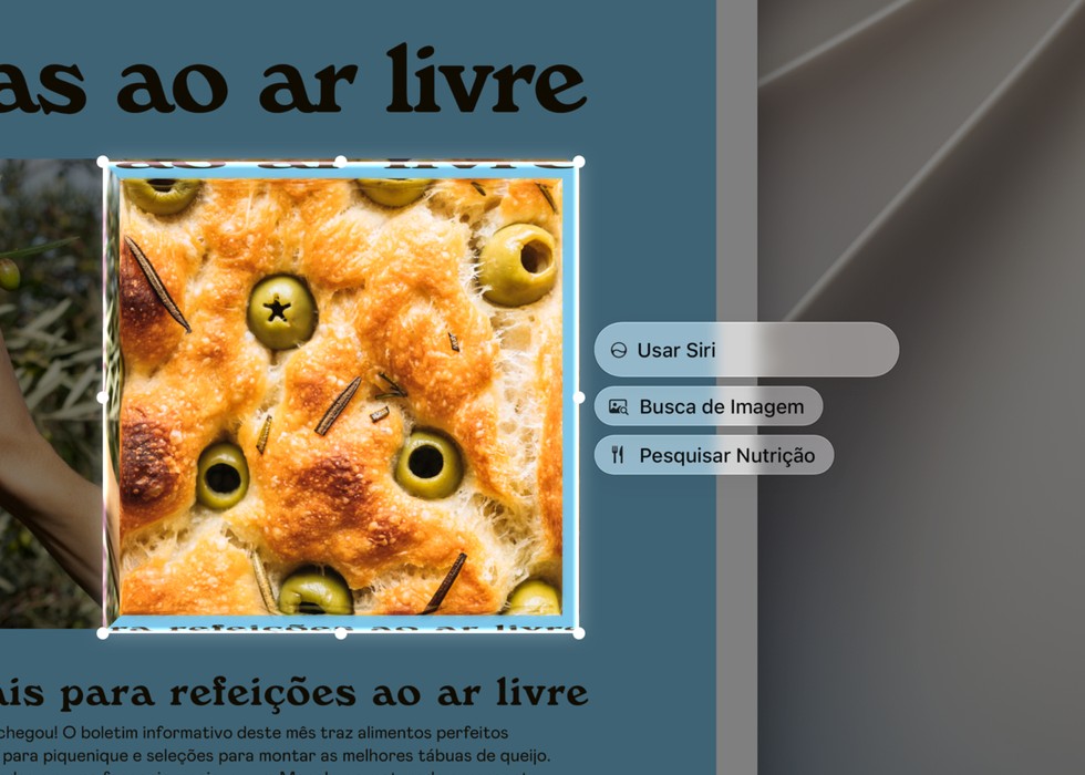 Uma pessoa seleciona parte de uma imagem na tela e usa a Siri AI para obter mais informações sobre o assunto.