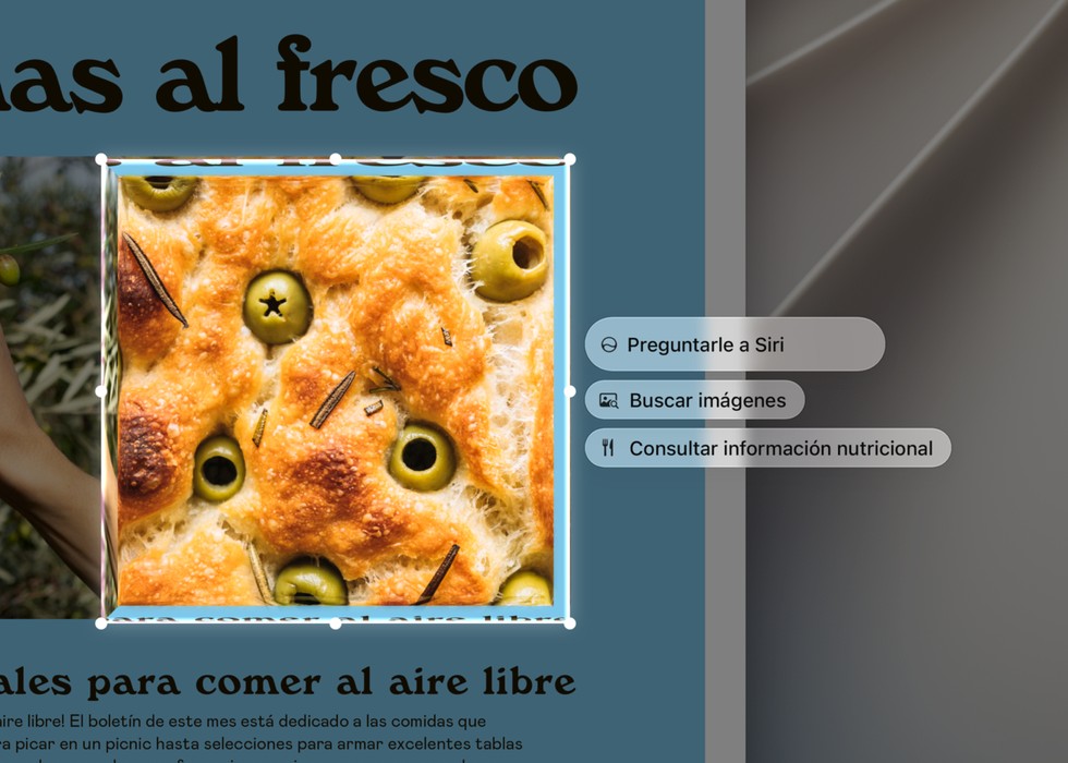 Un usuario selecciona una parte de una imagen en la pantalla y usa Siri AI para obtener más información.