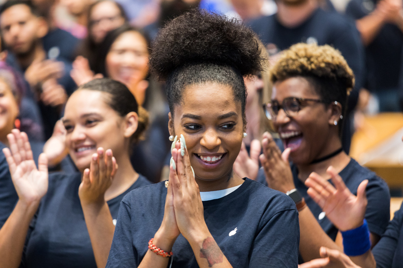 Apple employees in New York celebrate the launch of iPhone Xs on September 21, 2018.