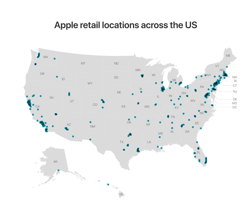 Map showing Apple Store locations across the US.