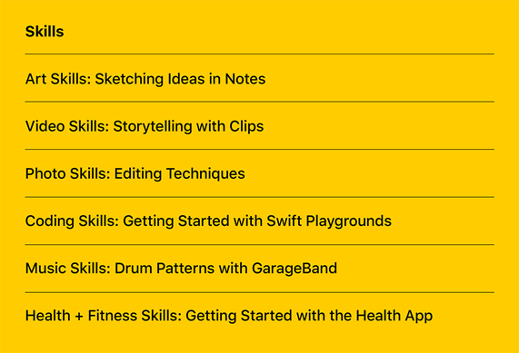 A list of the new Today at Apple Skills sessions.