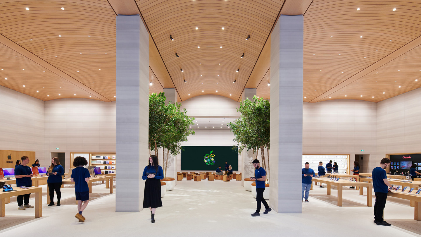 The interior of Apple Brompton Road is shown in London.