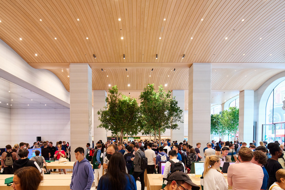 Wide shot filled with customers inside Apple Brompton Road, featuring Sicilian Ficus trees lining the windows and entryway.