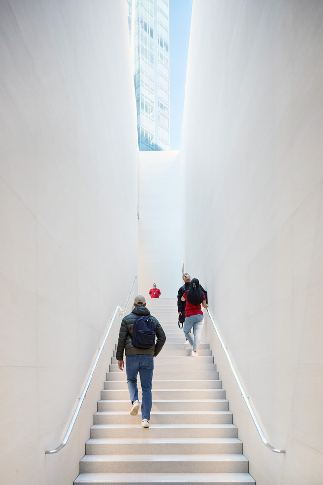 The stairs are shown inside the new Apple Pacific Centre in Vancouver, Canada.