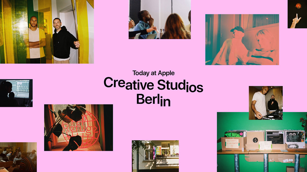 ภาพกราฟิกสไตล์ตัดปะที่แสดงข้อความว่า "Today at Apple Creative Studios ที่เบอร์ลิน"