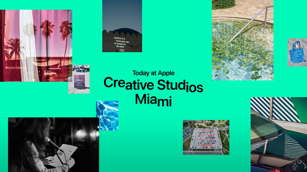 La mention « Today at Apple Creative Studios Miami » est inscrite sur un collage numérique.