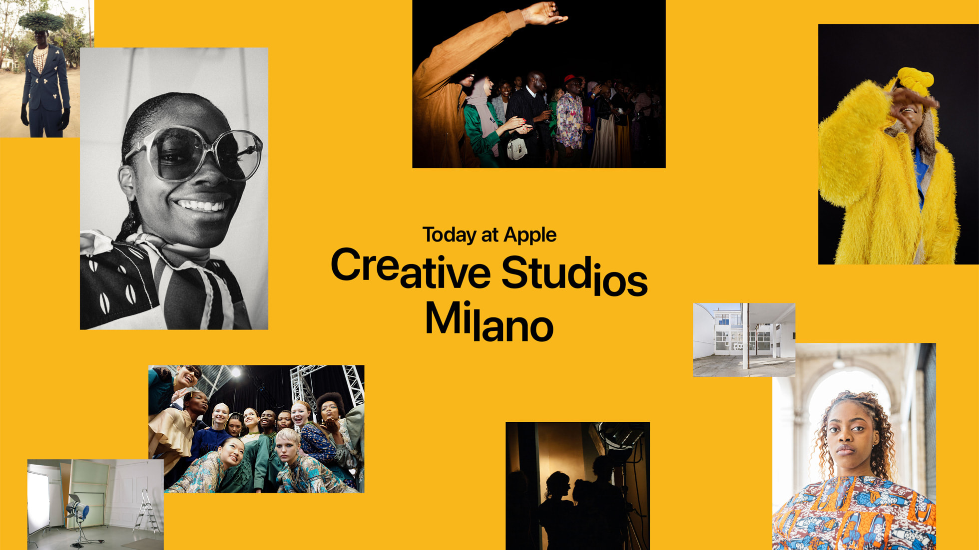 “Today at Apple Creative Studios Milano”と書かれたコラージュ形式のグラフィックス。