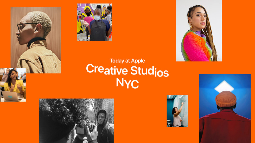 Een afbeelding in de stijl van een collage met daarop ‘Today at Apple Creative Studios NYC’.