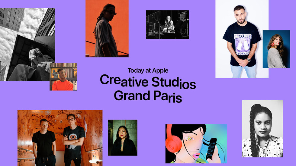 拼貼風格的圖形上寫著「Today at Apple Creative Studios Paris」。