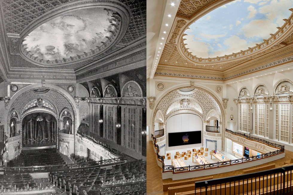 An archival photograph of Tower Theatre next to one of a fully updated Apple Tower Theatre shows how Apple effectively preserved and restored the theater's beauty and grandeur.