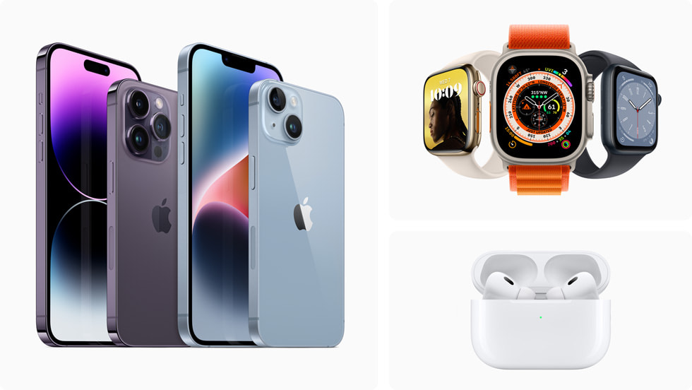 The new iPhone 14 lineup, new Apple Watch lineup, and new AirPods Pro are shown.