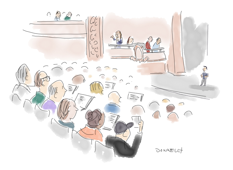 Ilustración del evento en la Academia de Música de Apple realizada por Liza Donnelly en el iPad Pro.