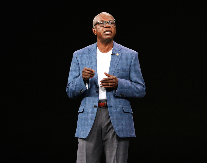 Dr. Ivor J. Benjamin on stage discussing the health benefits of the new Apple Watch Series 4.