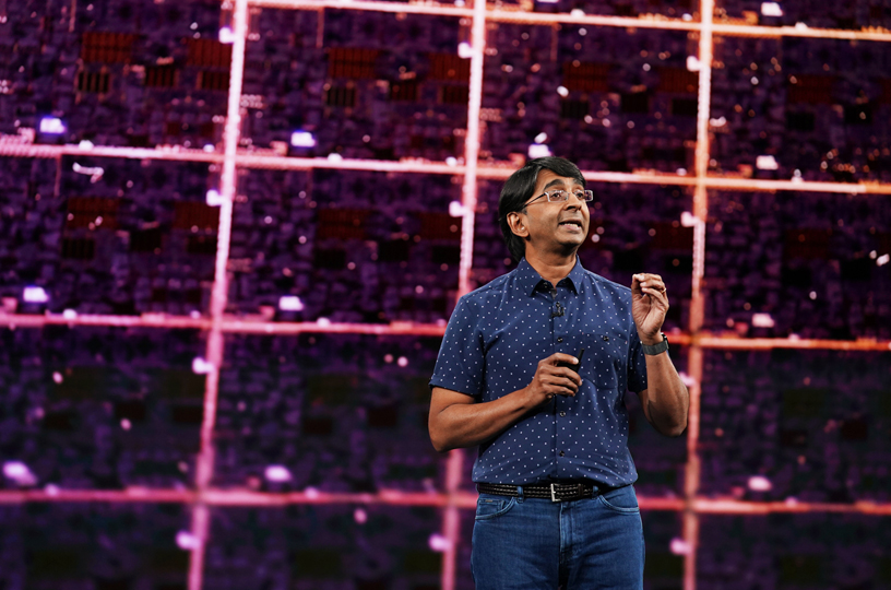 Sri Santhanam on stage at Steve Jobs Theater.