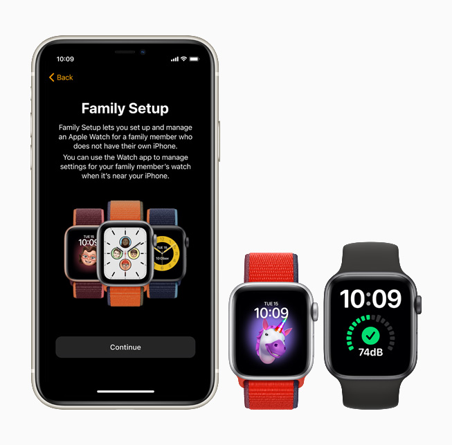 Family Setup feature displayed on iPhone 11 Pro, Apple Watch SE, and Apple Watch Series 6. 