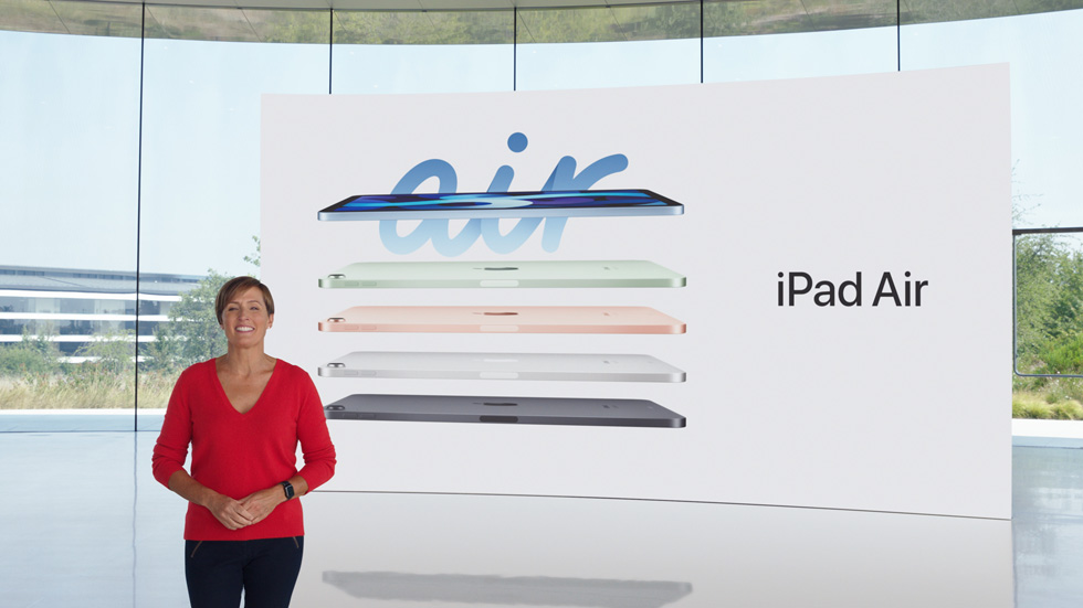 Laura Legros presents the colours of iPad Air, including sky blue, green, rose gold, silver, and space grey. 